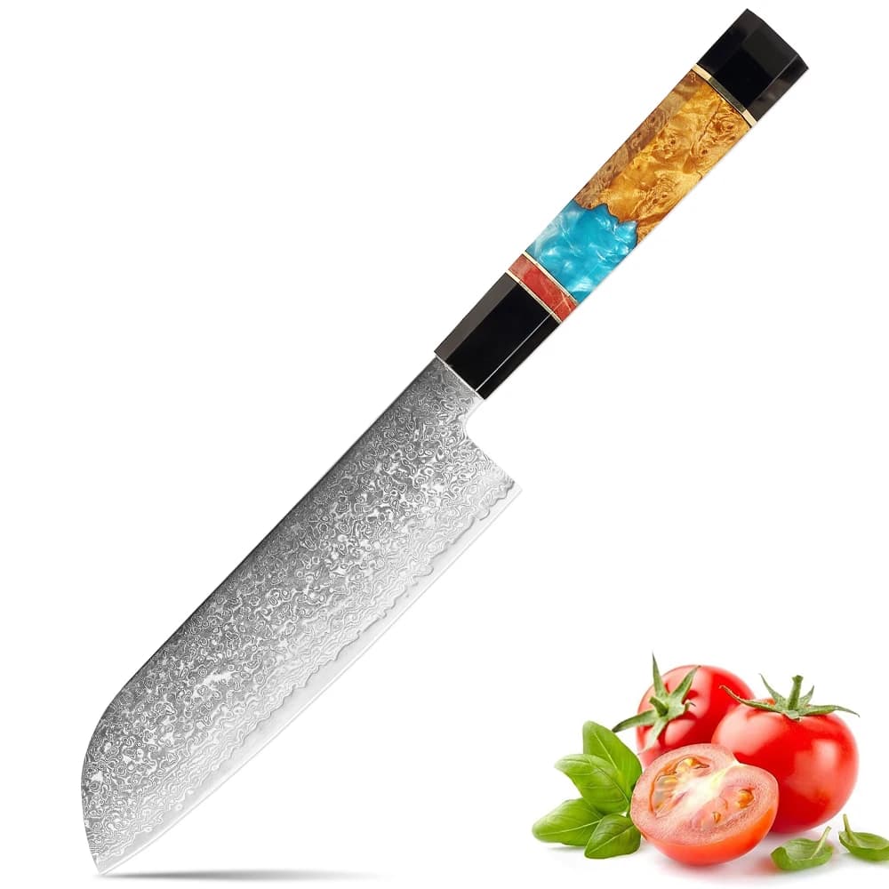 Coltello Santoku 7 Pollici, Coltello da Cucina Affilato in Acciaio Damascato, Coltello da Chef per Affettare Carne e Verdure con Manico Ergonomico