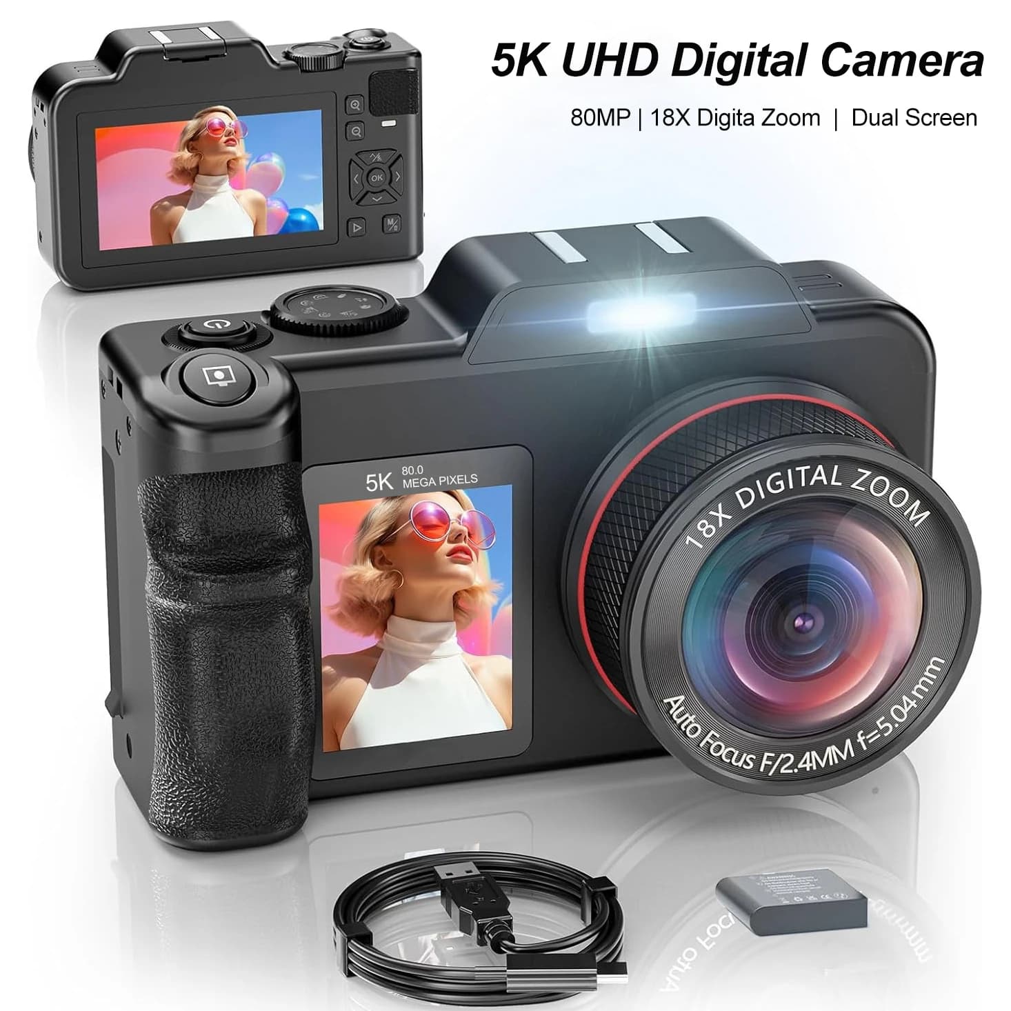 V02 5K Digital Camera 18X Digital Zoom 80MP Vintage Vlog Video Recorder YouTube Travel Dual Screen Photography Camera With Flash