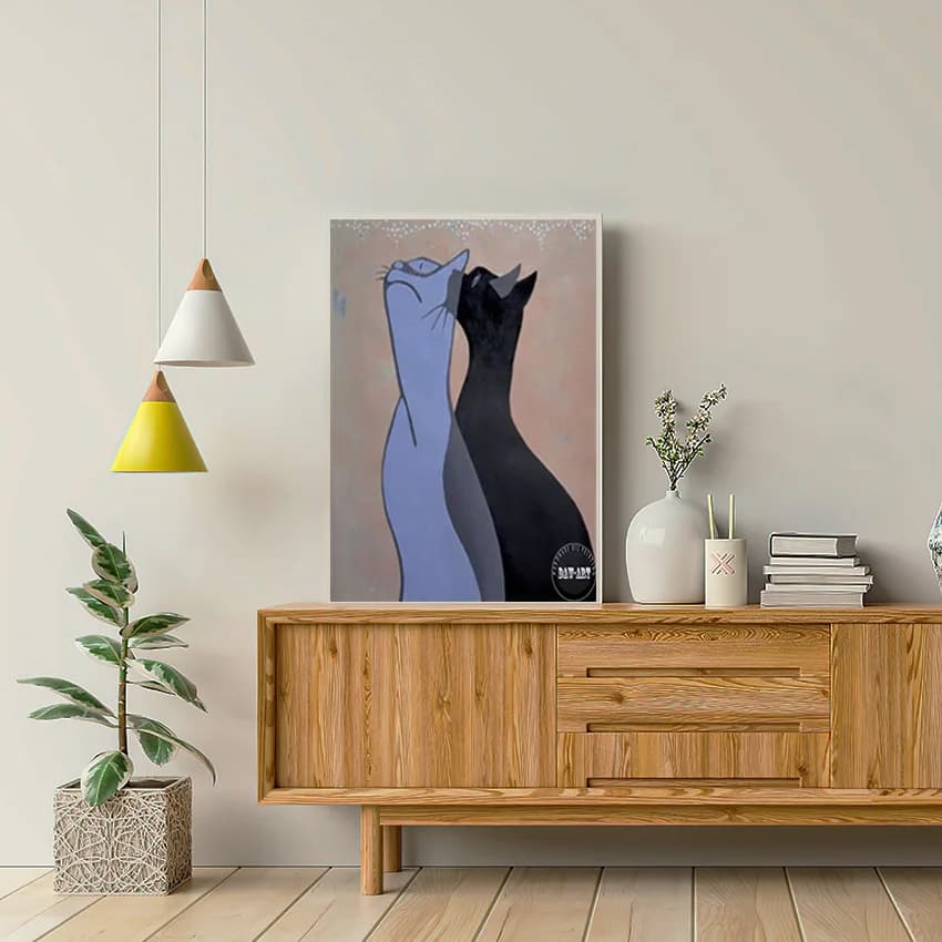 Hand-made image on canvas, artistic wall with textured decoration of animals, frameless, abstract paintings of cartoons of cats with simple style design