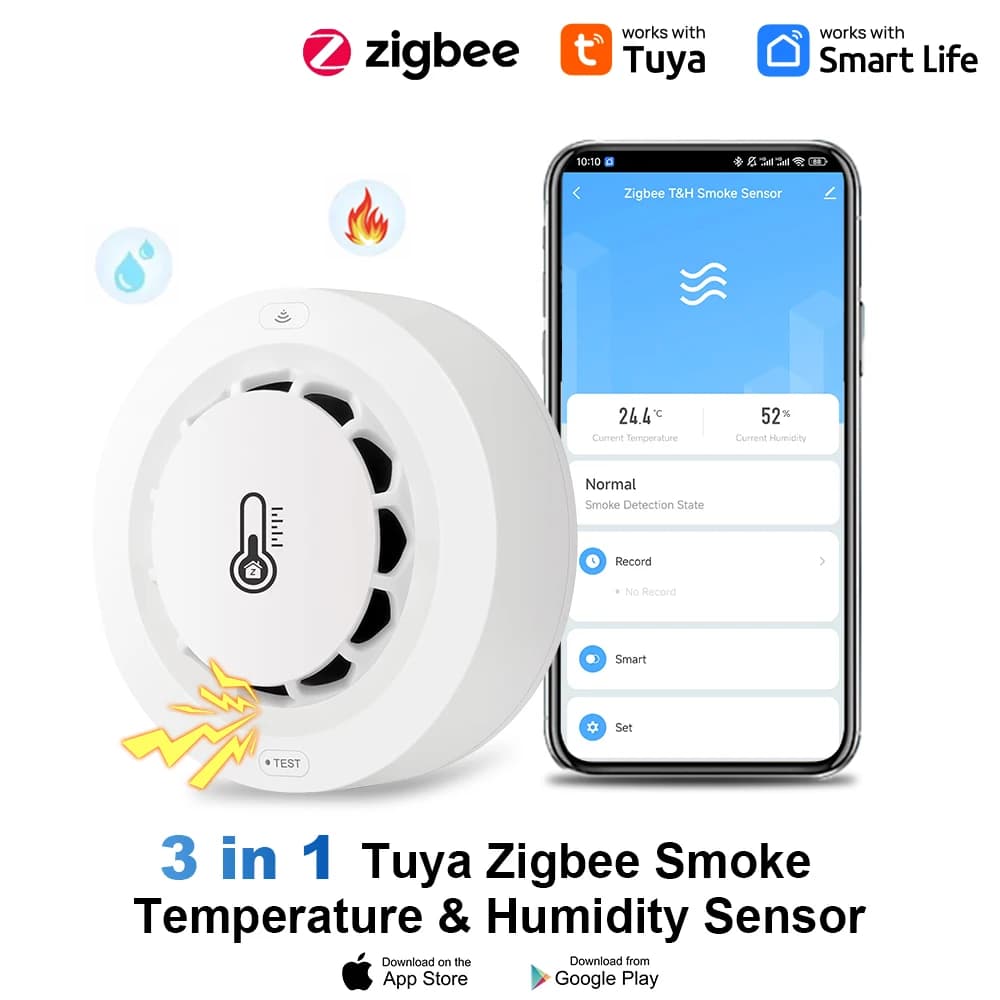 APP Push Alert Tuya Zigbee BT Rilevatore di fumo a due collegamenti Dispositivo di misurazione dell'umidità della temperatura Allarme sonoro 80dB remoto