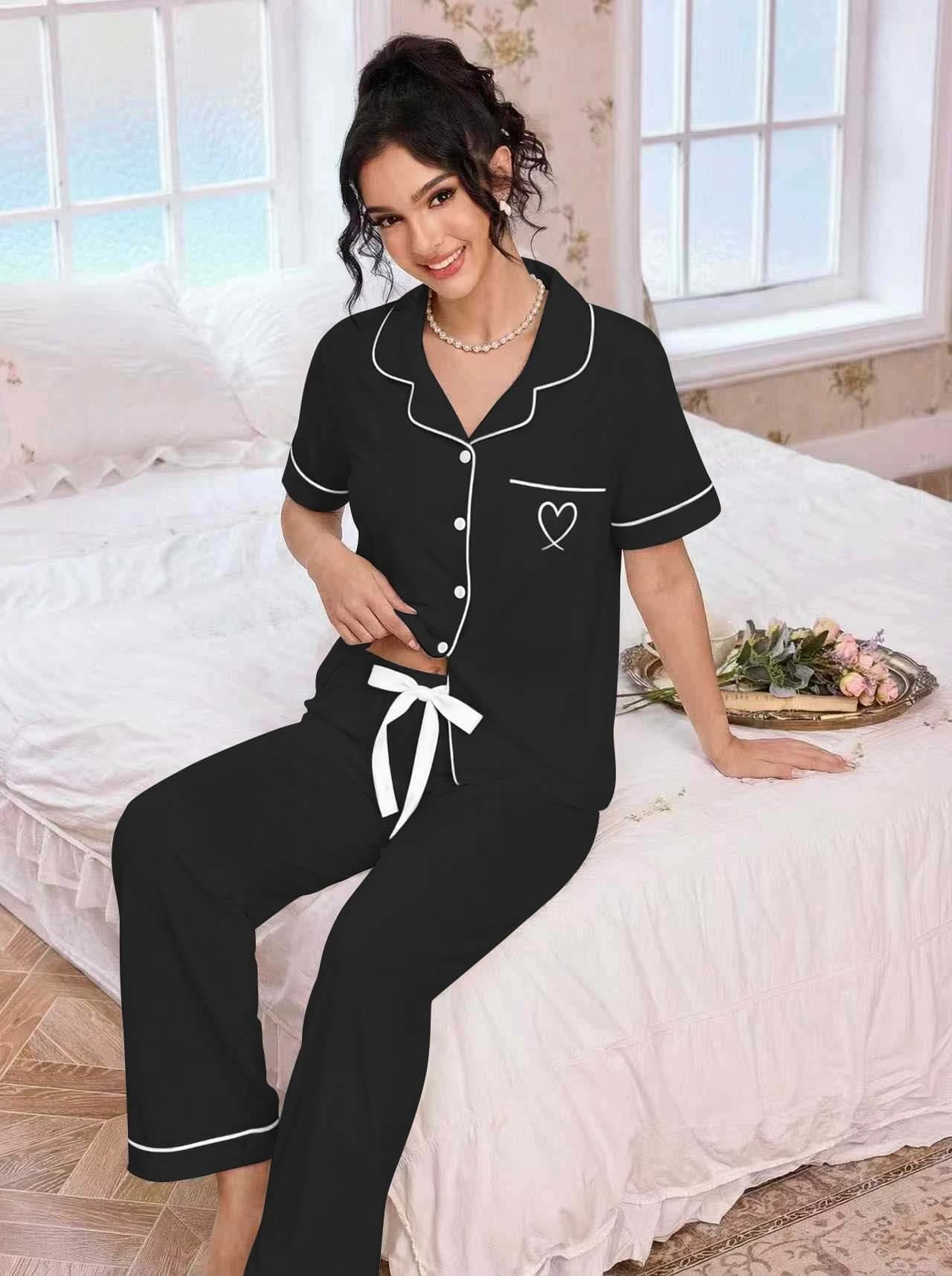 Women Lapel Pajamas Set Heart Embroidery Short Sleeve Sleepwear Contrast Piping Two Piece Casual Loungewear Homewear
