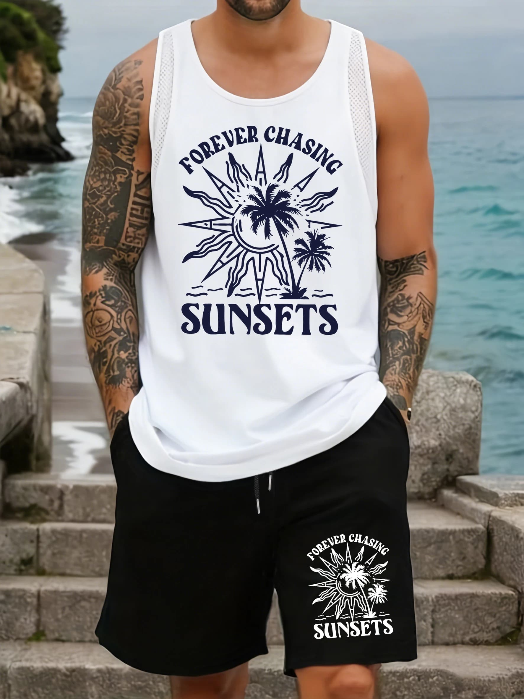 Set di Canotte in Rete da Uomo Forever Chasing Sunset Design, Top Estivo per Fitness, Canotta Senza Maniche con Collo Rotondo e Pantaloncini Larghi con Tasche