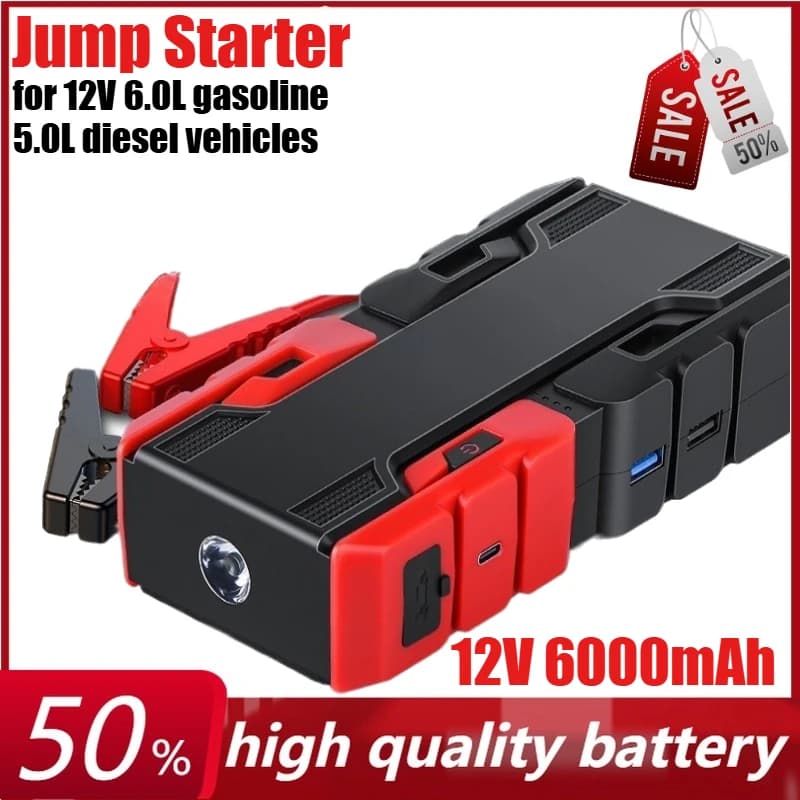 Avviatore portatile per auto 12V 6000mAh con compressore d'aria Power Bank per veicoli a combustibile 12V 6.0L、Veicoli diesel 5.0L