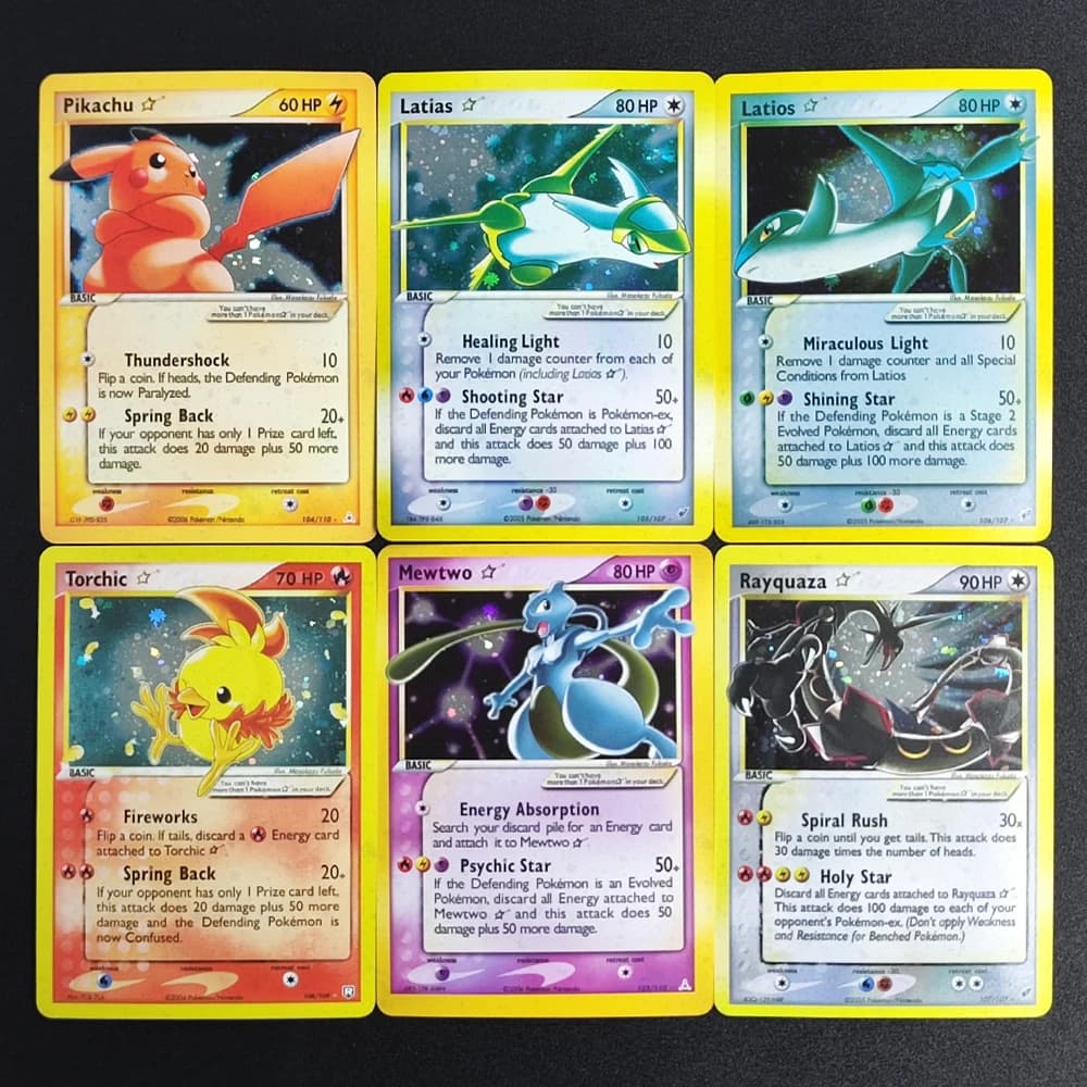 Fai da te Pokemon Card Gold Star Pikachu 104/110 Mewtwo 103/110 Rayquaza 107/107 Torchic Latias Ex Holon Tcg Collezione di carte da gioco