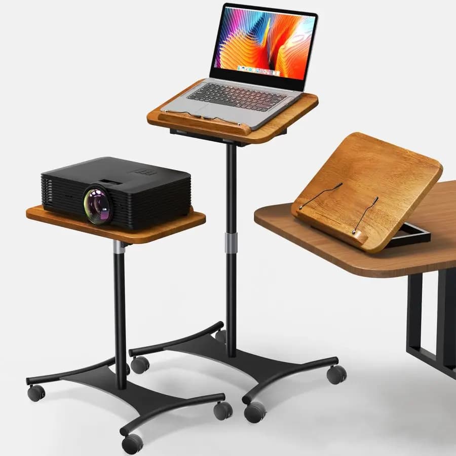 Supporto da Pavimento per Laptop con Ruote 2 in 1, Supporto da Pavimento e da Scrivania, in Legno Massello, Altezza Regolabile da 16,5 a 51 Pollici, Stabile