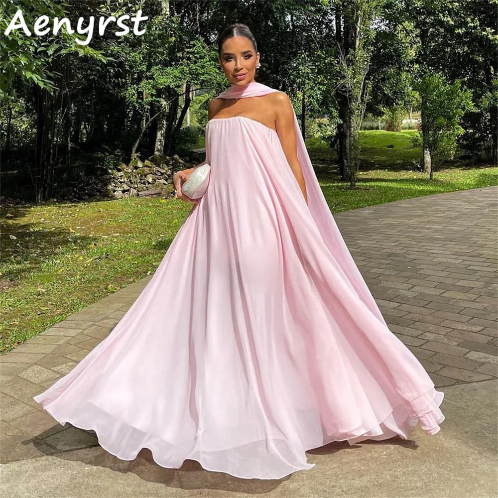 Aenyrst Abiti da sera semplici rosa senza spalline A Line con abiti da festa in chiffon scraf Abito da festa lungo fino al pavimento personalizzato da donna