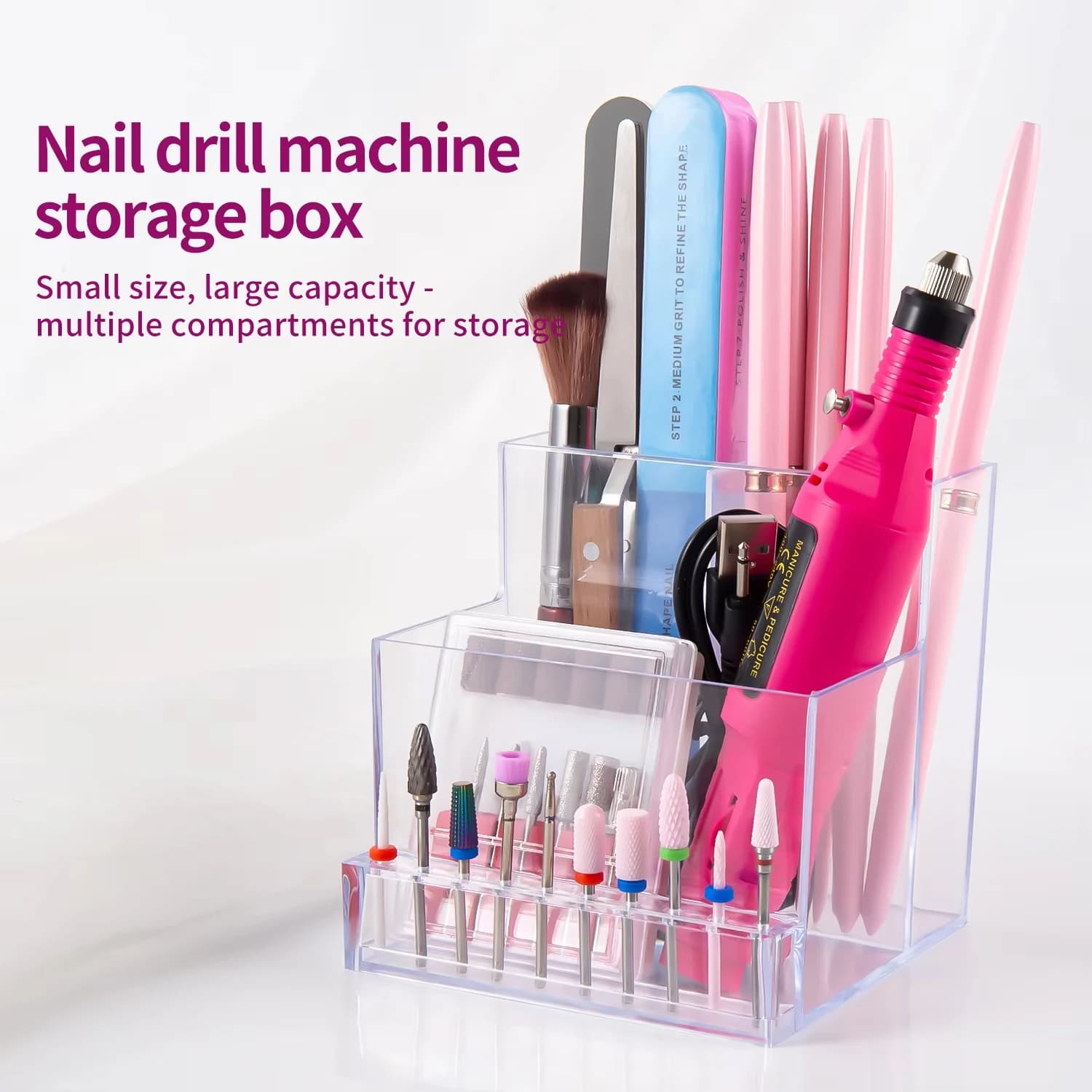 ABS Transparent Acrylic Nail Tools Organizer Boxes Nail Drill Machine Storage Box Polishing Head Display Case Nails Supplies