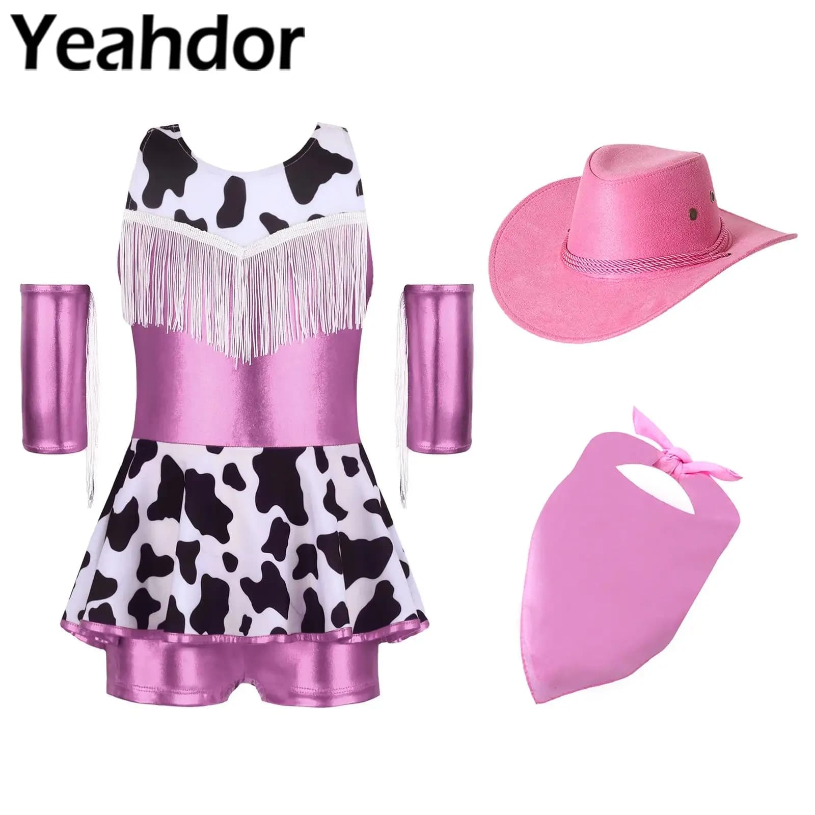 Costume da cowgirl per bambina, set cosplay di Halloween, spalline incrociate, body con frange e maniche lunghe, festa di carnevale