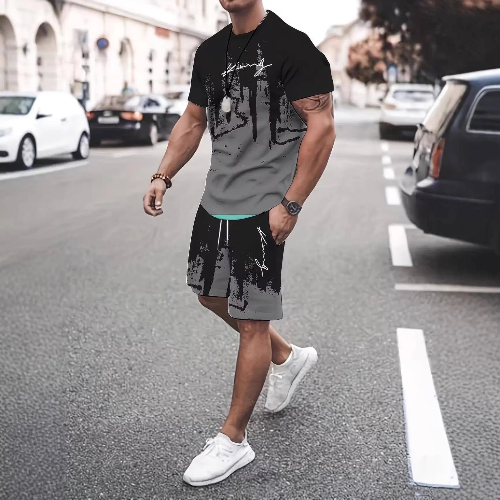 Men's Casual round Neck Shirt Set with Bold King Print Short Sleeve T-Shirt And Shorts Perfect for Summer Comfortable Sportswear
