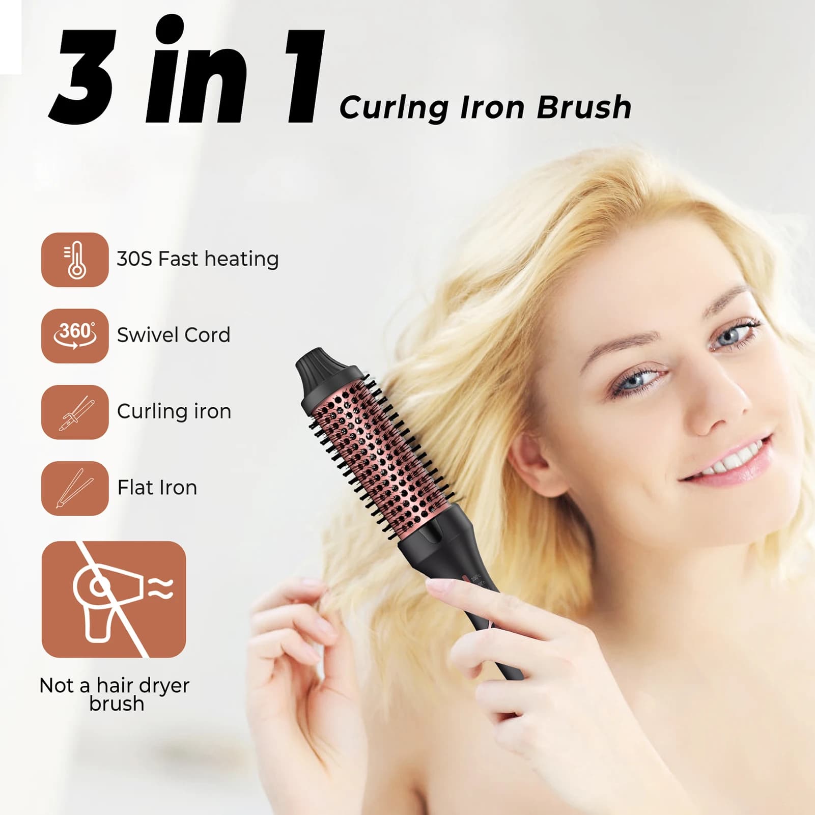 Hot Air Thermal Brush, Iron Hair Clips and Smooth Brush with Ceramic Coating, Rapid PTC Heating, 5 Temperature Settings, 120°C ° C-200 ° C