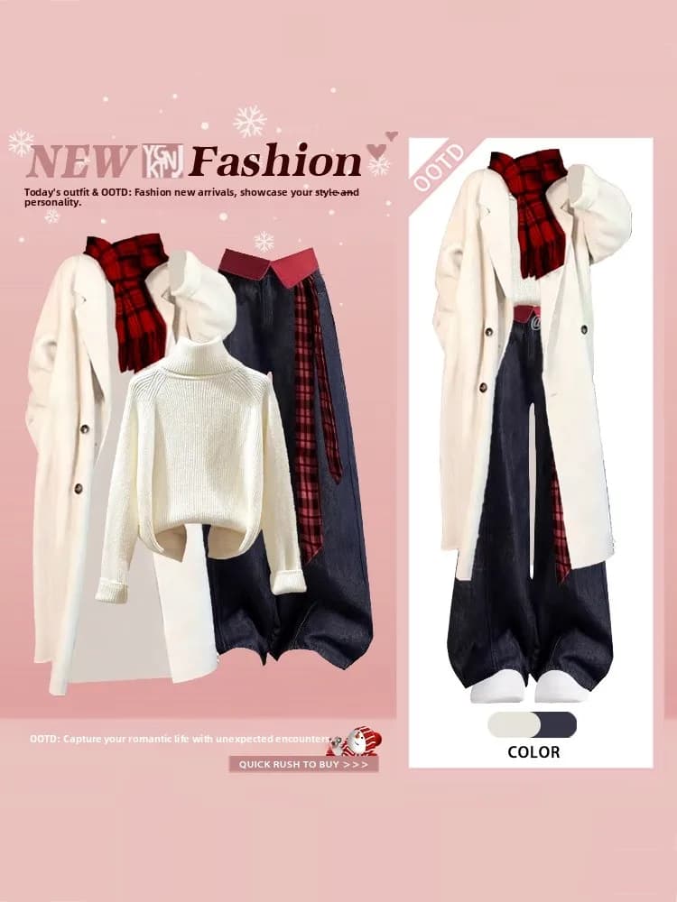Cappotto doppiopetto da donna invernale Colletto alto Jeans a gamba larga Set Casual Sle Maglione di media lunghezza Maglieria lunga Sve