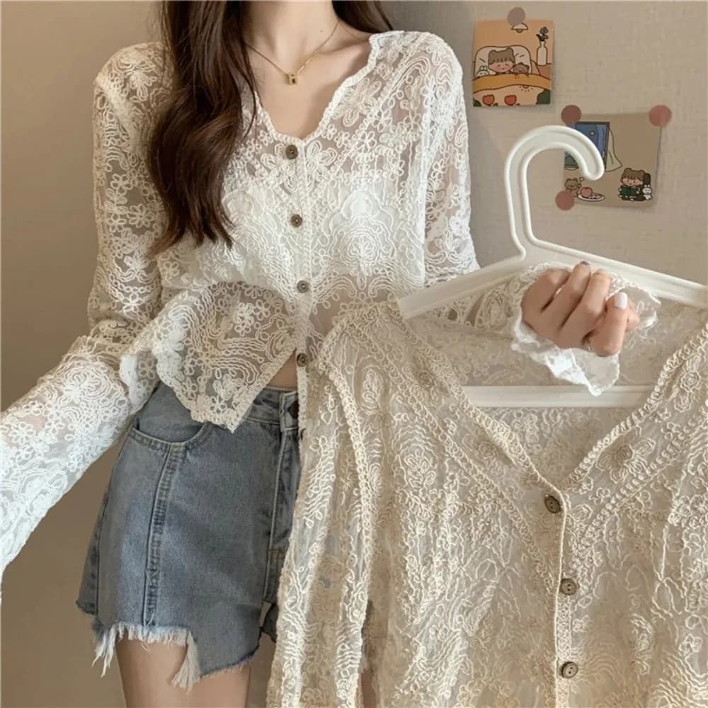 V-Neck Crochet Top Button Down Floral Pattern Lace Blouse See Through Cropped Cardigan Blouse for Spring Summer Autumn