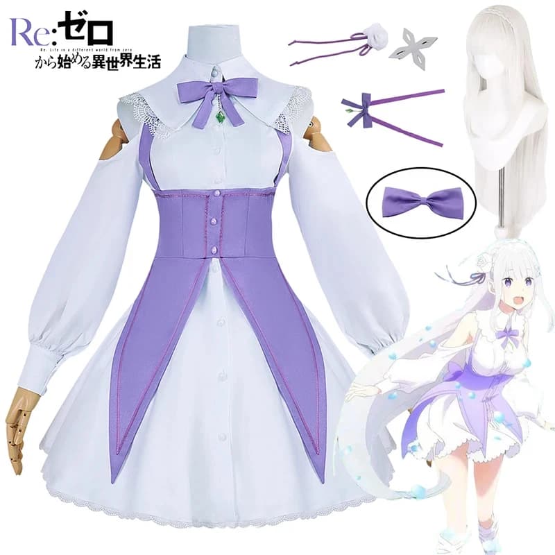 ABC123Emilia Costume Cosplay Anime Re:Zero - Inizio di una vita in un altro mondo, Abito Emilia con Parrucca per Halloween, 3'f.5;j.8