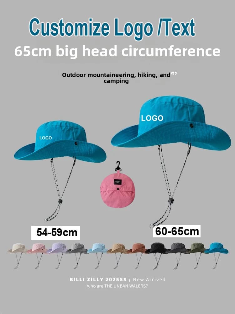Custom Logo Print Foldable Storage Bucket Hat Unisex Quick Dry Outdoor Mountaineering Hat Big Brim UV Protection Pocket Sun Hat