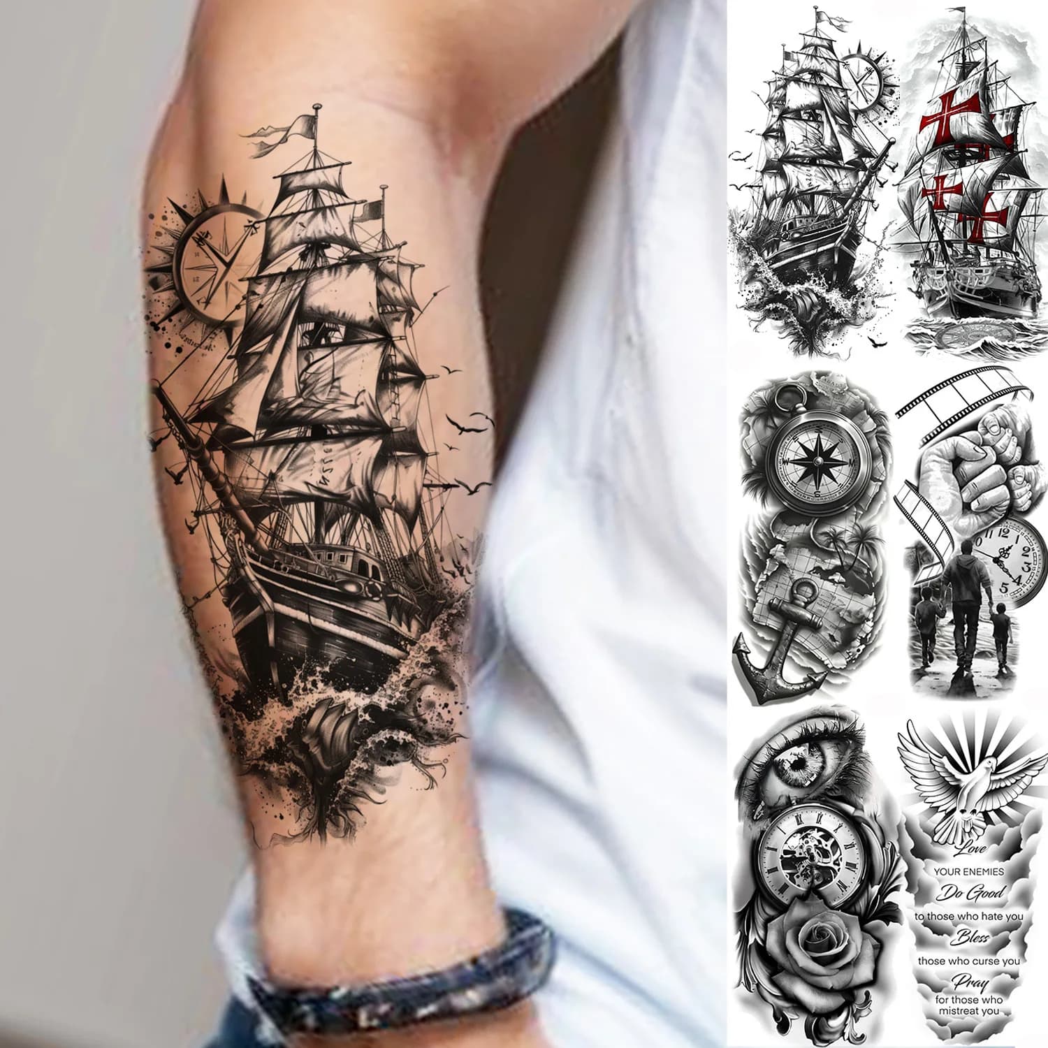 1 Sheet Waterproof Pirate Ship Sailboat Temporary Tattoos For Men Women Realistic Compass Clock Fake Tattoo Sticker Long Lasting