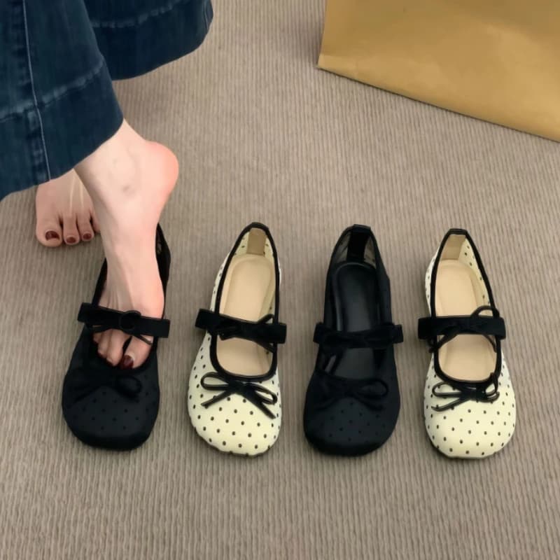 Scarpe Mary Jane da donna a pois con fiocco a farfalla, ballerine con punta tonda, cinturino in rete, scarpe basse casual da donna per tutti i giorni