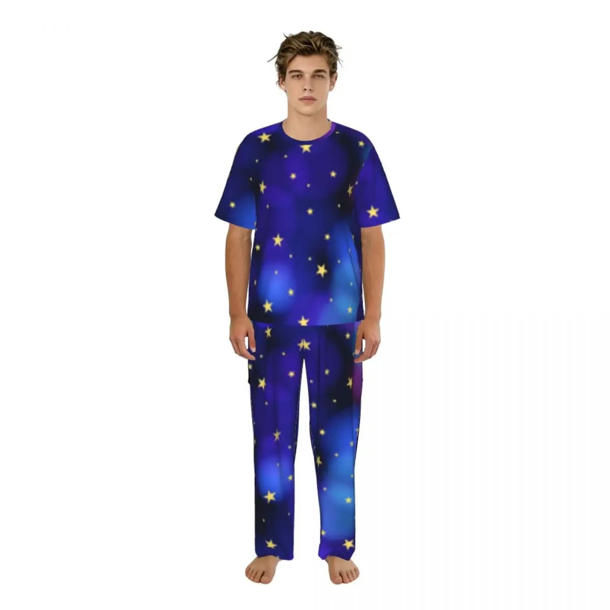 Pigiama casual da uomo, set con maniche corte e pantaloni, abbigliamento da notte maschile, stelle, sfondo colorato, vestiti per la casa