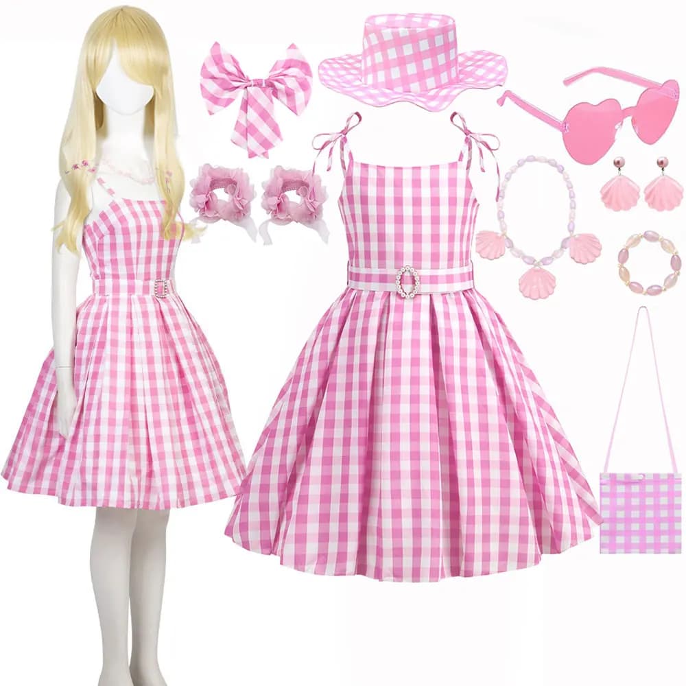 Summer New Summer Beach Stripe Cute Pink Suspender Casual Dress for Girl Cosplay Movie Classic Dress Margot Skirt With Belt