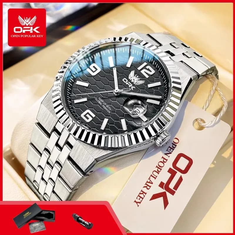 OPK 8186 Orologio da Uomo Impermeabile 30M con Quadrante Luminoso, Cinturino in Acciaio Inossidabile, Classico Quadrante Digitale, Orologio da Polso al Quarzo di Marca per Uomini