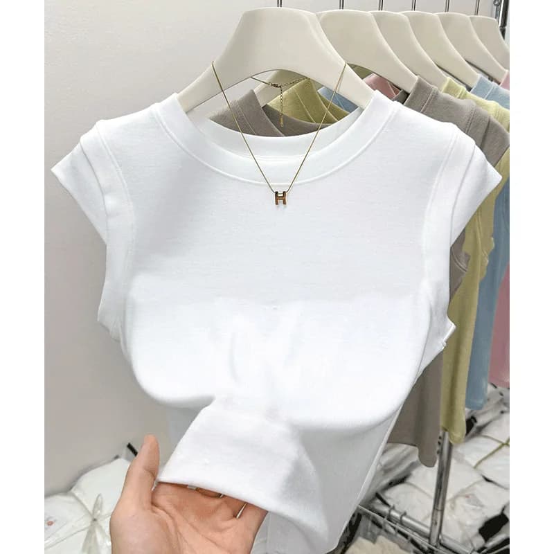 Women Summer New Flutter Sleeve Crewneck Fitted Short Sleeve T Shirt Slim Short Length Simple Elegant Everyday Girl Top Casual