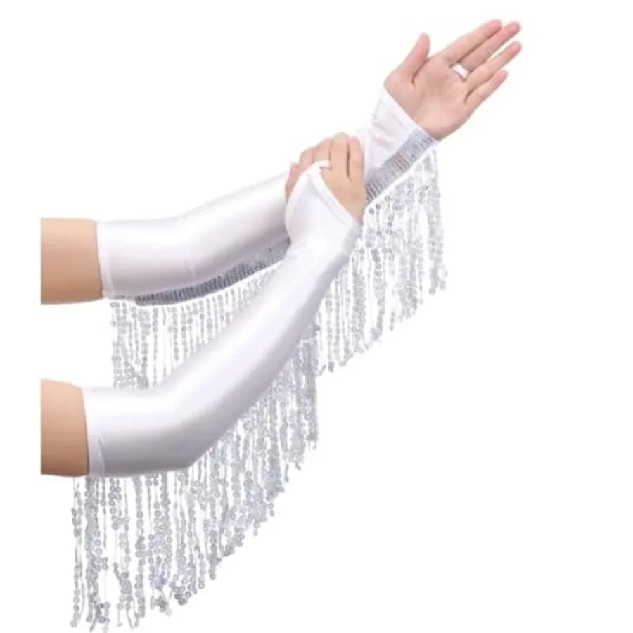 CASDRE Long Fingerless Satin Gloves Sequin Tassel 1920s Opera Gloves Elbow Length Halloween Cosplay Glove for Women and Girls