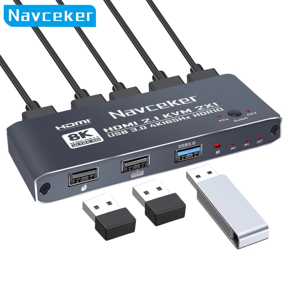 Navceker Switch KVM HDMI 8K 60Hz 4K 165Hz Switcher KVM with remote control 2 PC Share 1 monitor 3 USB keyboard mouse printer