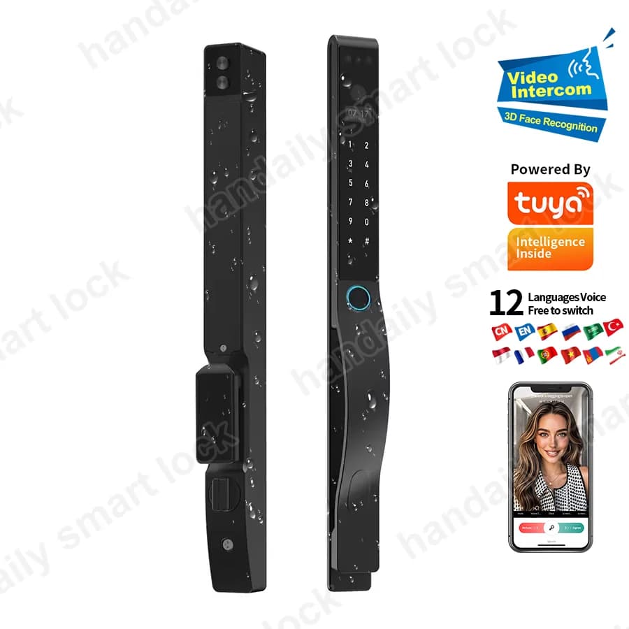 IP68 Impermeabile 3D Riconoscimento facciale App Tuya Serratura per porta scorrevole a battente Password per impronte digitali Serratura intelligente con fotocamera