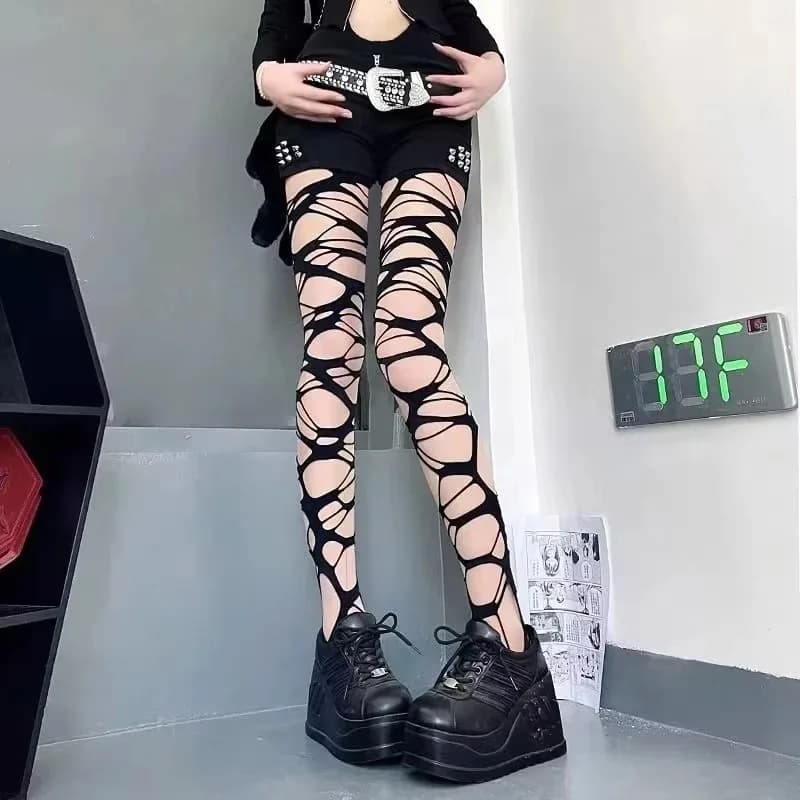 Collant a Rete Neri Sexy Strappati da Donna, Stile Gotico Punk, Calze a Rete Traforate, Leggings, Stile Emo Egirl Streetwear