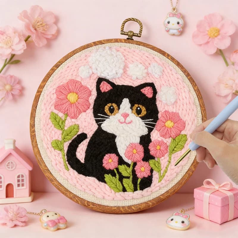 Cute Cat Embroidery Punch Needle Starter Kit Crafts Supplies Sewing Wool Poke Embroidery Set Cross Stitch Set Gift Home Decor