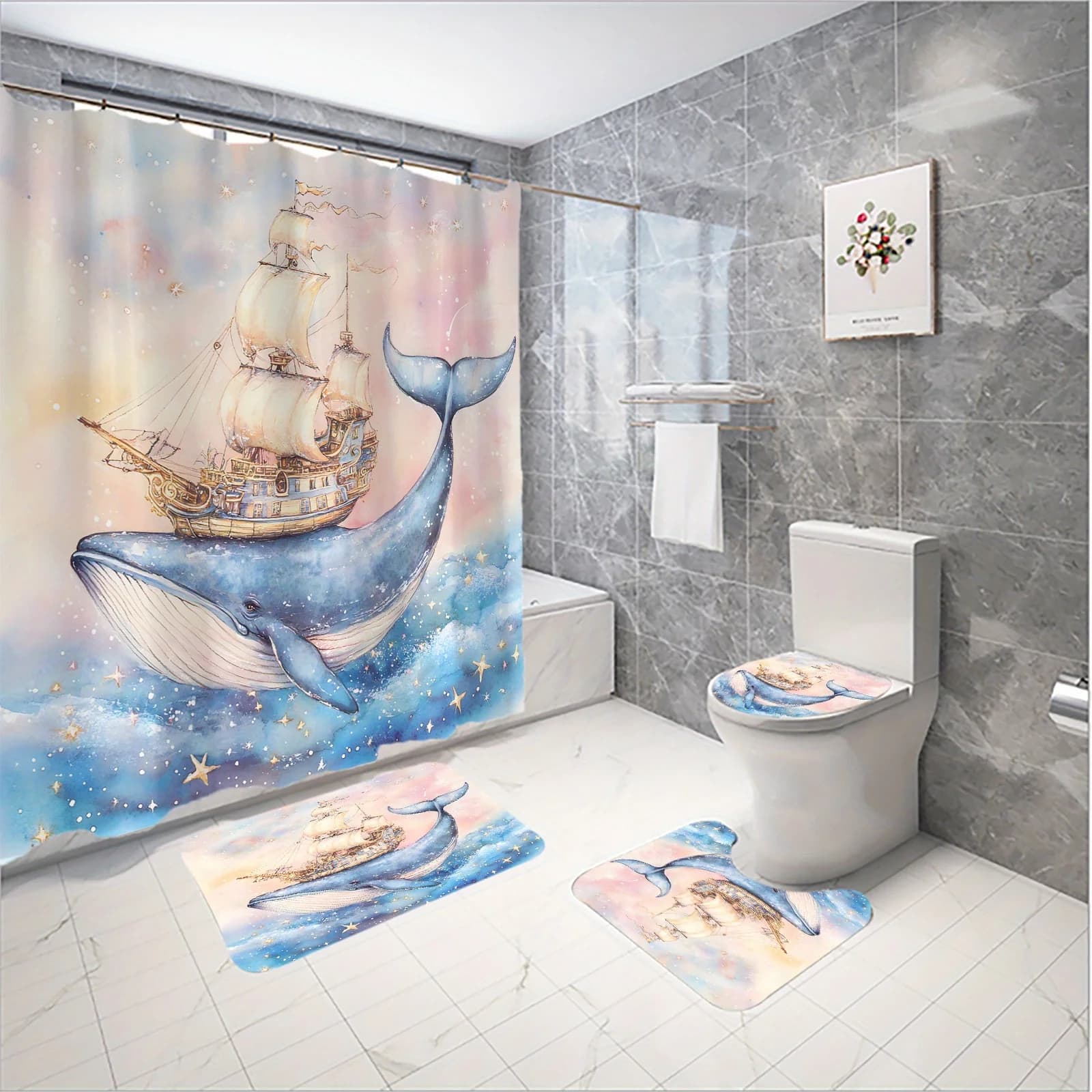 Charming Sea Life Bathroom Set: Shower Curtain, Mat, Towel, Toilet Cover - 4Pcs Waterproof Decor for an Enchanting Bath Zone