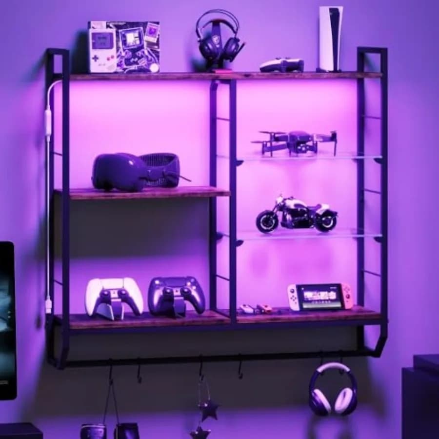 Mensole Galleggianti da Gaming EYCOAL, Scaffale Decorativo in Legno da Parete con Luci LED da 34 Pollici e Mensola Regolabile in Vetro per Vino