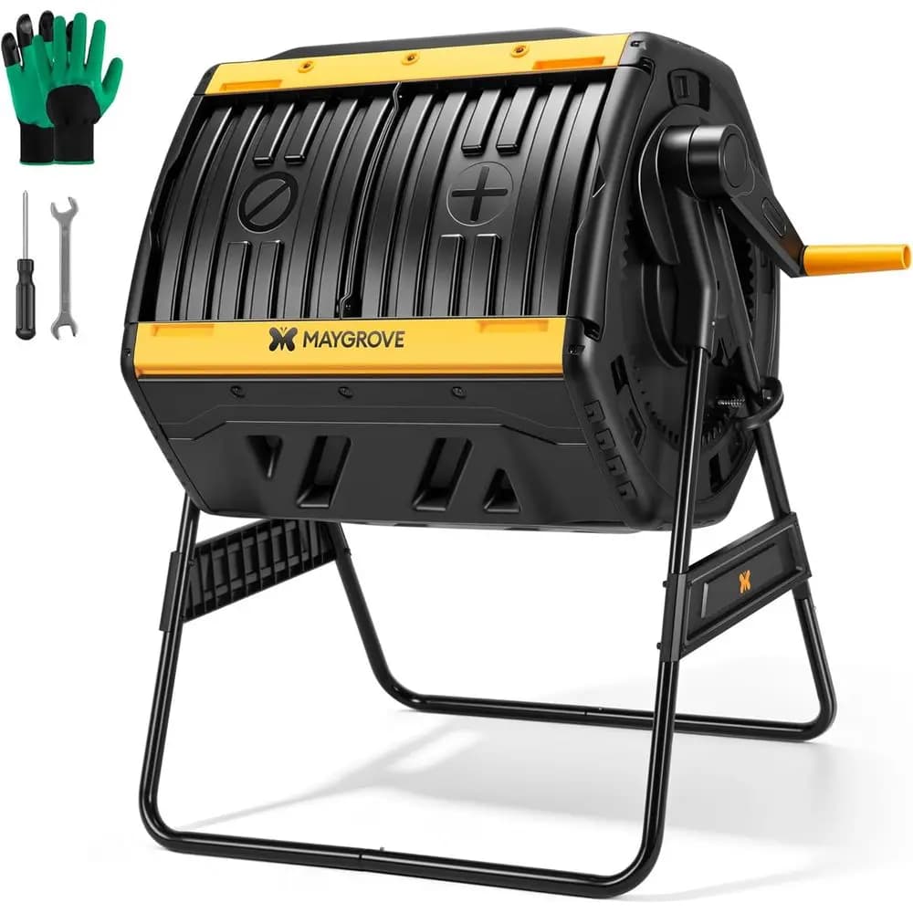 Outdoor Compost Bin 53 Gallon, Dual Chamber Large Tumbler, 360° Rotating, Sliding Door, Solid Steel, Detailed Instructions
