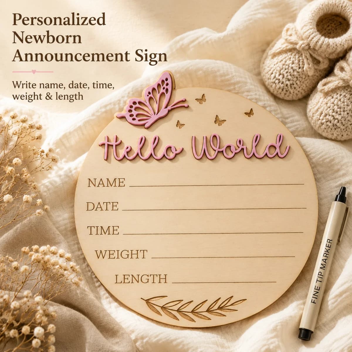 1pc 15cm Round Wooden Birth Announcement Plaque, 3D Raised Rainbow Laser Engraved Newborn Milestone Sign