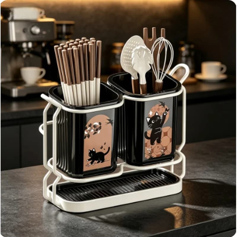 Sturdy Carbon Steel Detachable Kitchen Utensil Stand Cute Cat Pattern Organizer for Knives Spoons Chopsticks