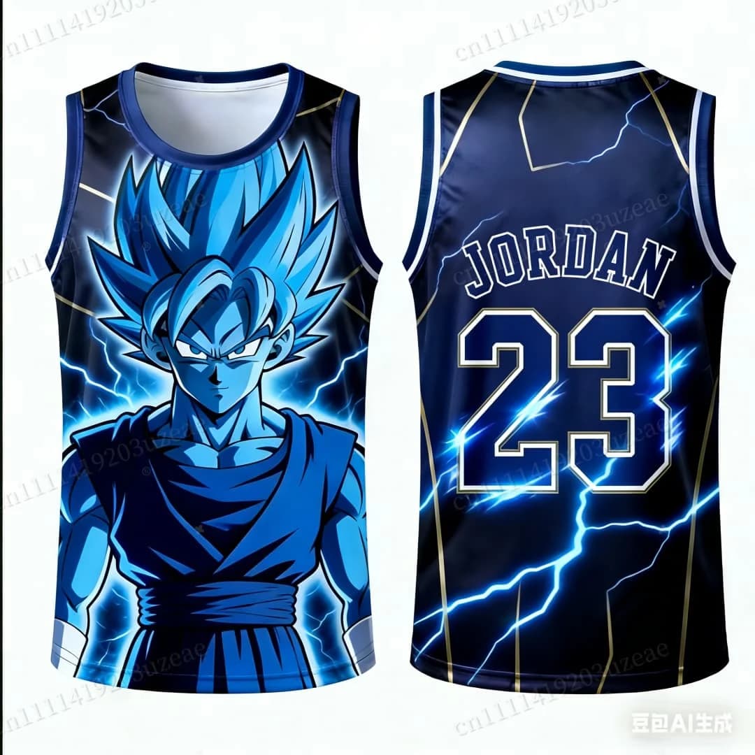 Dragon Ball Super Goku Blue Lightning 23 Jordan Maglia da basket da uomo con grafica anime, canotta senza maniche, streetwear, abbigliamento sportivo