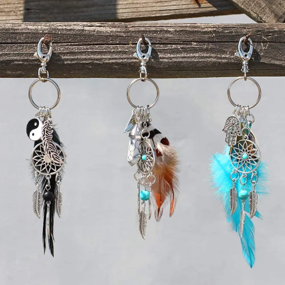 Mini Dream Catcher Keychain Hamsa Hand Crystal Stone Feather Key Chain FengShui Mascot Boho Decor Fashion Festival Gift Ornament