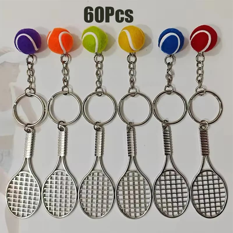 60Pcs Mini Tennis Equipment Model Keyrings, Alloy Racket Colorful Tennis Ball Charms, Car Key Bag Decorative Key Chains