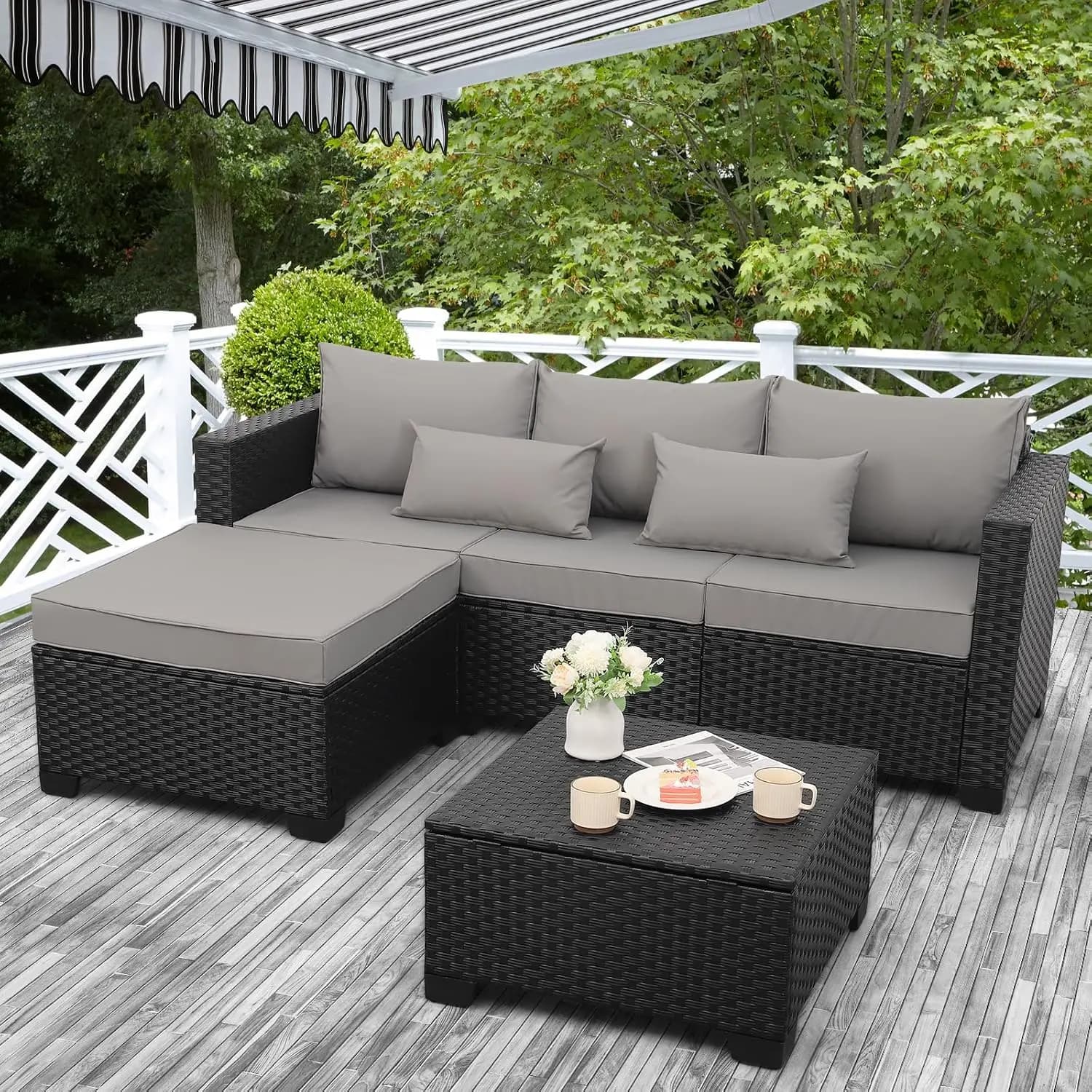 3-Seat Wicker Patio Sofa Set with Storage Ottoman & Waterproof Cushion Covers, Light Grey, Customized