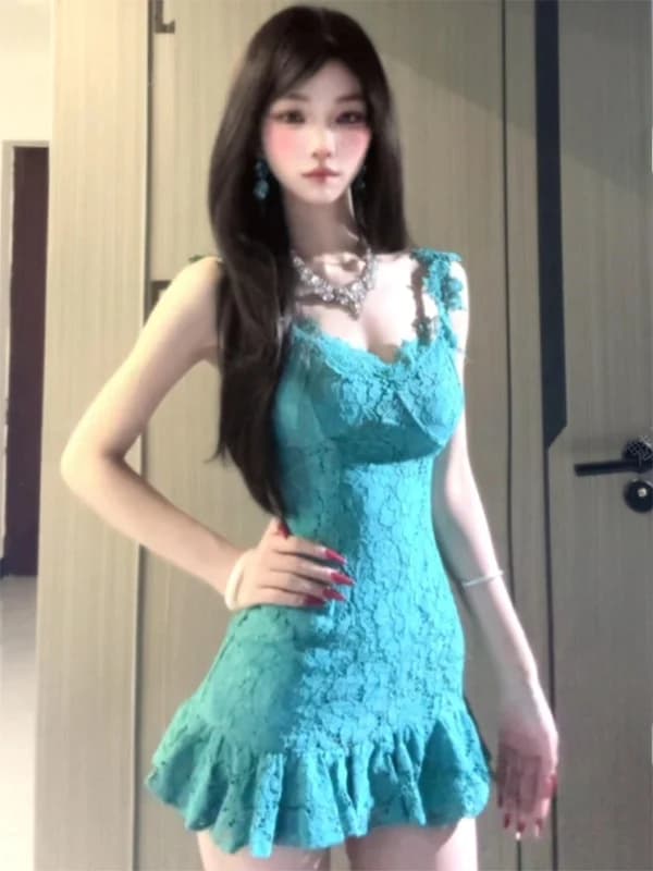 Elegant V-neck Lace Short Dress Slimming Fish-tail Skirt High Waist Polymide Fabric No-sleeve Bodycon Style for Various Occas...