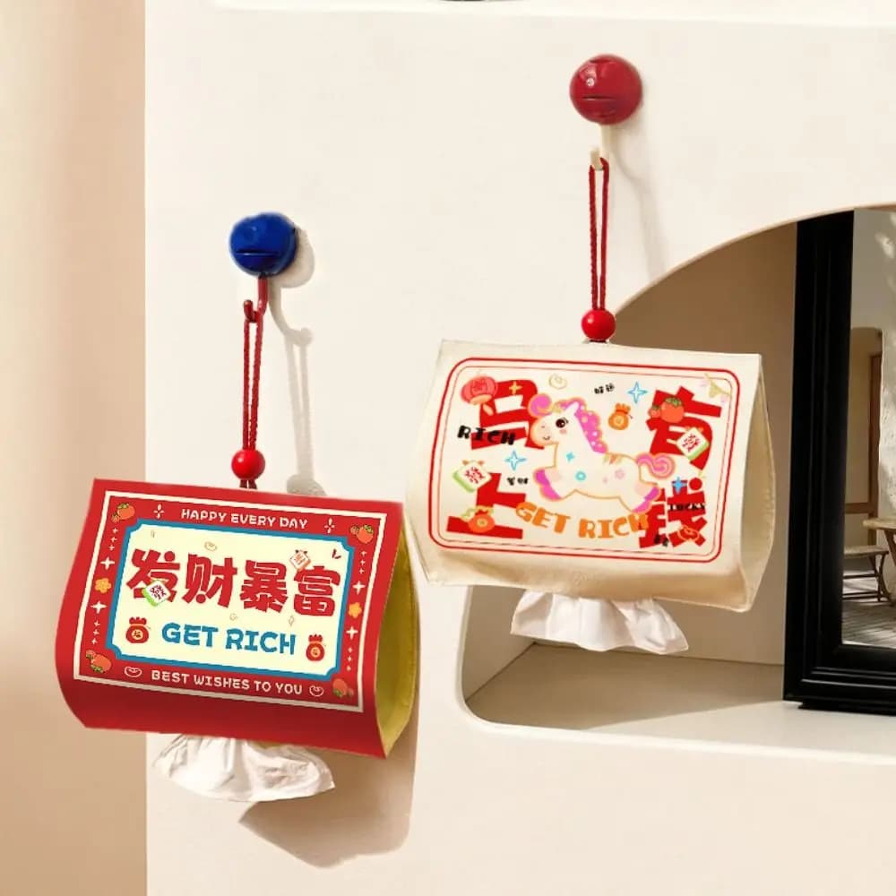 Cherry Cake New Year Tissue Box Cartoon Horse Multi-function Tissue Paper Holder Traditional Blessing Canvas Napkin Box
