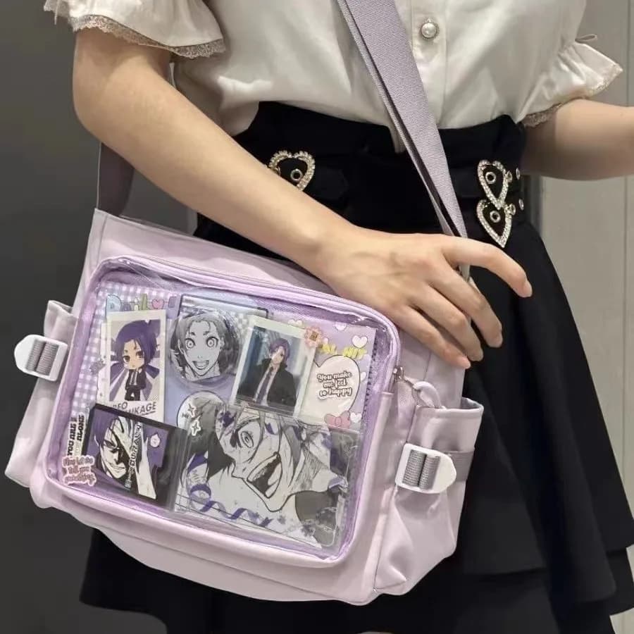 Borsa a tracolla trasparente Y2K giapponese per la scuola, con porta cartoline e badge decorativi fai da te, borsa tote per la scuola Anime Expo, borsa a spalla Ita