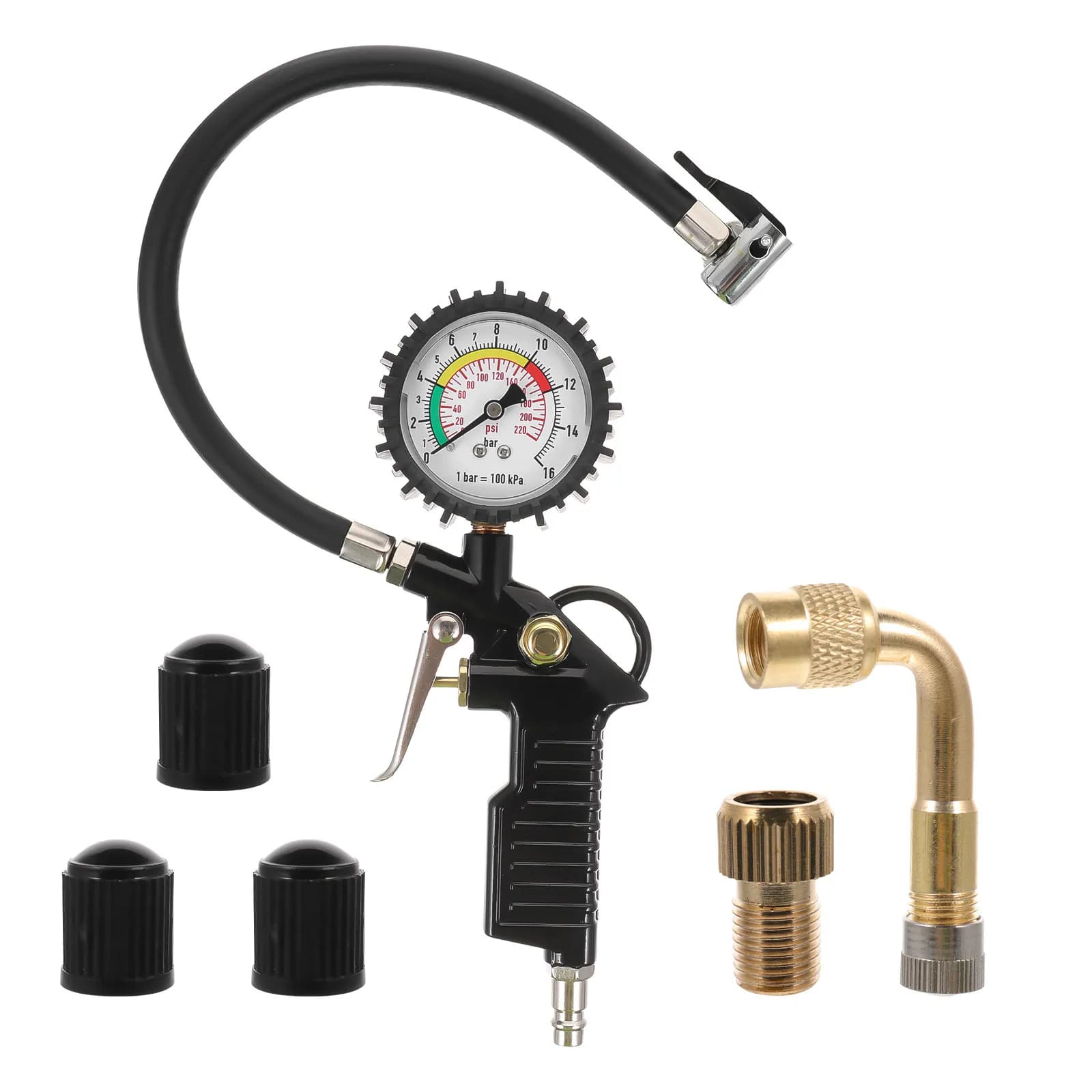 Set Professionale di Gonfiatore per Pneumatici con Manometro e Valvola per Auto, Bici, Moto, per Tutte le Condizioni Meteorologiche, Stabile e Altamente Affidabile