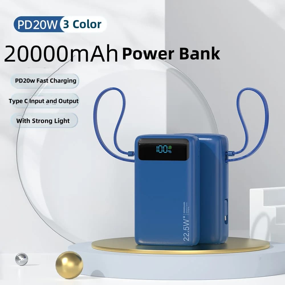 Power Bank 20000mAh 22,5W Powerbank a ricarica rapida con cavo luminoso per iPhone Xiaomi Samsung Caricabatterie portatile Batteria esterna