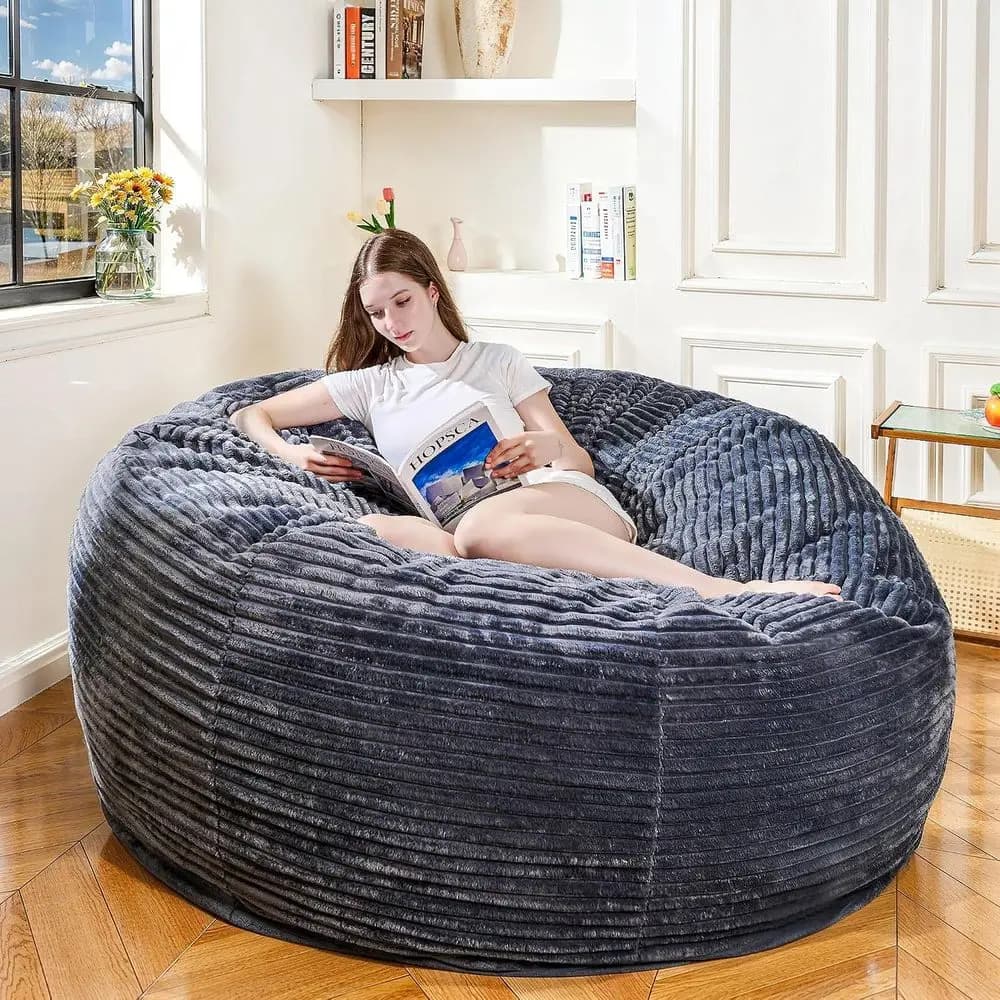 Giant 6T Memory Foam Bean Bag Chair with Corduroy Cover for Adults - Ultra Soft Sofa for Living Room and Bedroom (Grey)