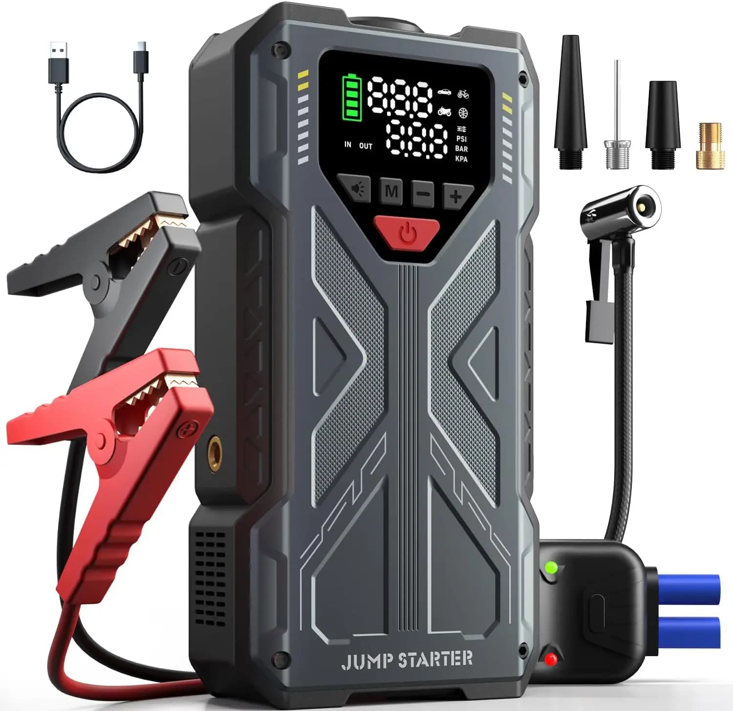 Avviatore di Emergenza Portatile per Auto con Compressore d'Aria, Picco di 4000A, Gonfiatore Pneumatici 150PSI, Kit di Emergenza per Veicoli