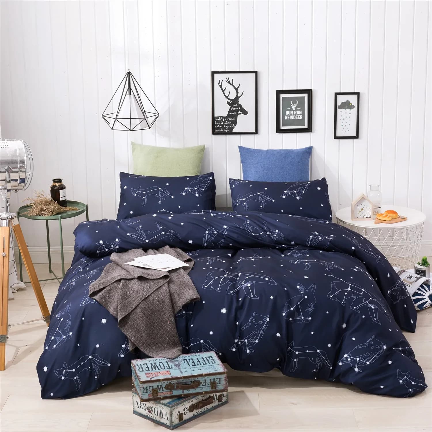 Set 3 pezzi Copripiumino blu cielo stellato Set biancheria da letto Copripiumino letto matrimoniale Set lenzuola modello costellazione letto matrimoniale king size