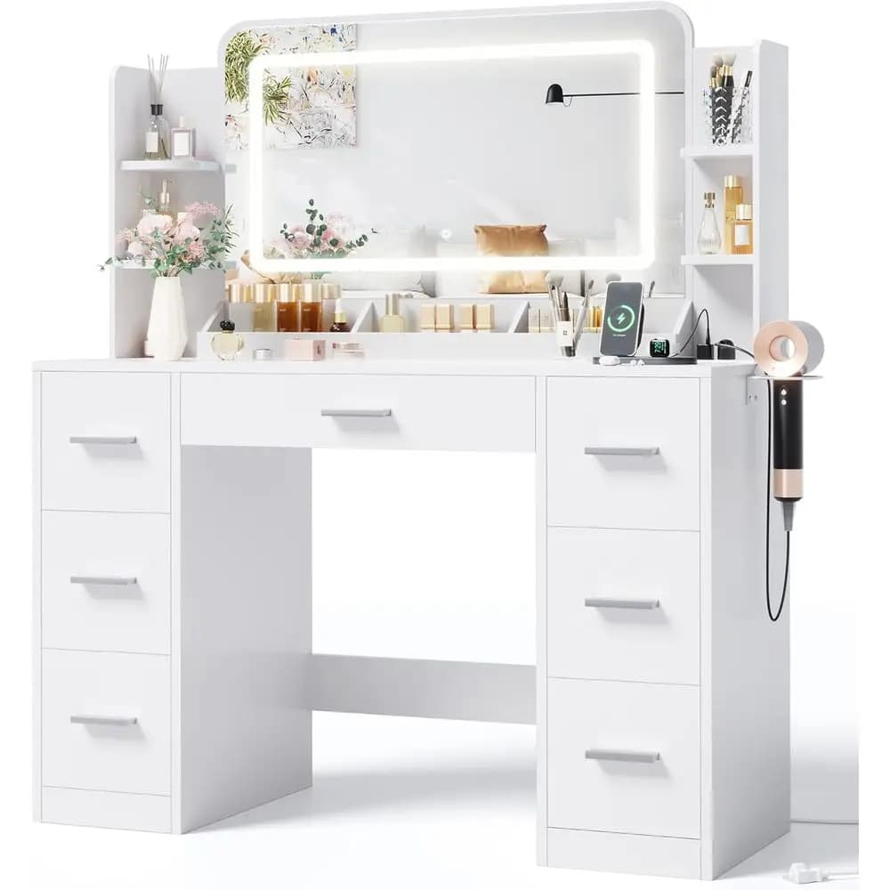 Large LED Mirror with Desk, Current Holder, Hair dryer and 6 Shelves for Make-up, Bedroom (Bianco)