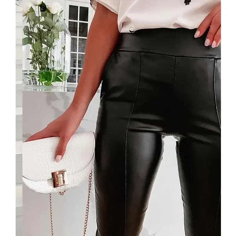 Women High Waist Stretch Matter Faux Leather Slim Pants PU Bodycon Cropped Pants Ladies Commute Splice Trousers Support Custom