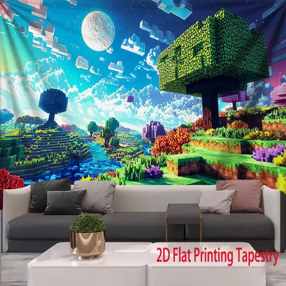 VIKAMA Anime Pixel Art Cartoon Landscape Print Tapestry, Flat Woven Wall Hanging For Bedroom, Living Room, Dorm Retro Home Decor