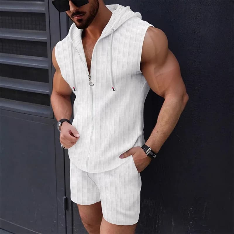 5 colori disponibili per abito scozzese da uomo con cerniera senza maniche con cappuccio, gilet sportivo casual alla moda, pantaloncini, set da due pezzi, top alla moda